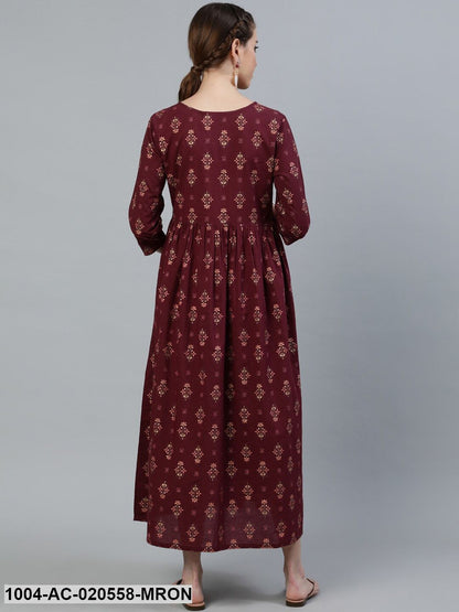 Maroon Ethnic Motifs Cotton Maternity Maxi Dress