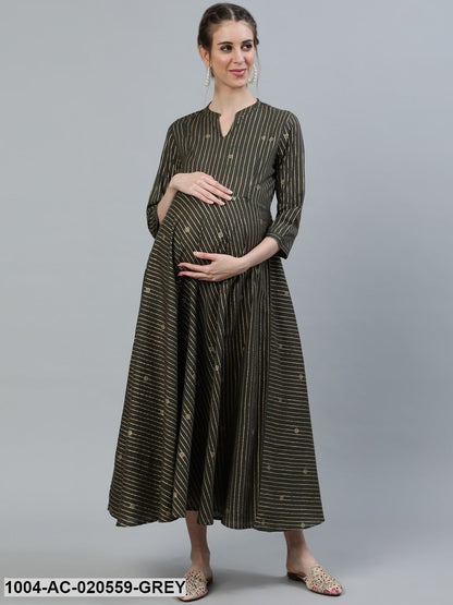 Grey & Gold-Toned Mandarin Collar Maternity Cotton Midi Dress