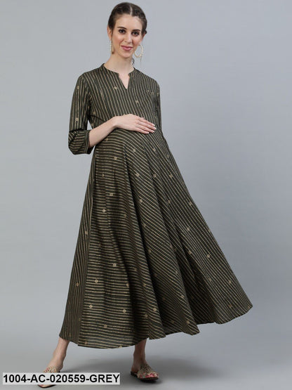Grey & Gold-Toned Mandarin Collar Maternity Cotton Midi Dress