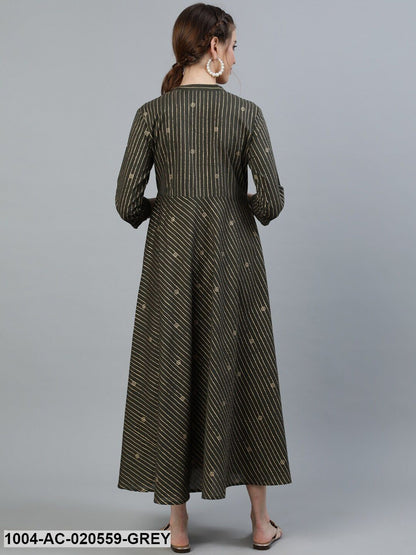 Grey & Gold-Toned Mandarin Collar Maternity Cotton Midi Dress