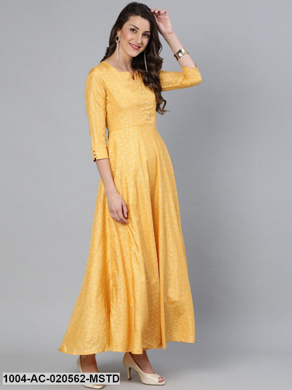 Mustard Foil Printed Maxi Dress With Embroidered Net Dupatta