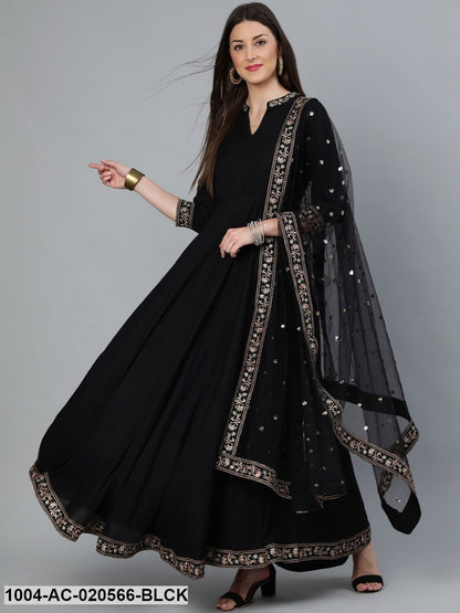 Black Embroidered Fit and Flare Dress With Sequinned Dupatta