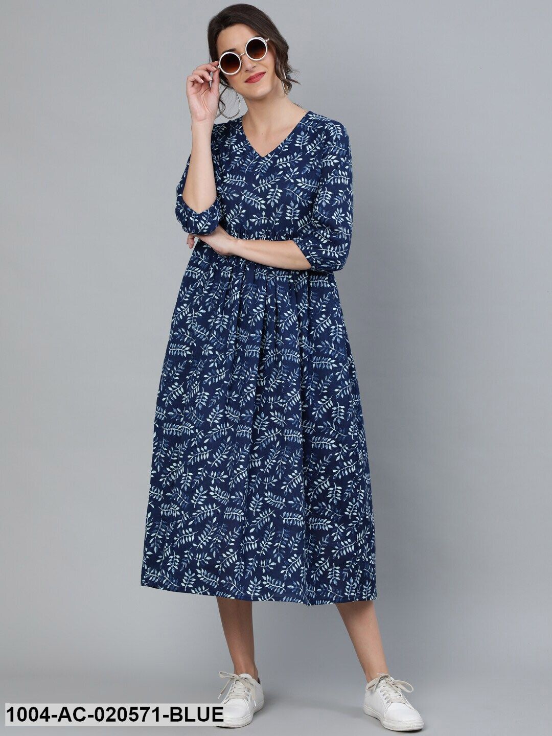 Blue Printed Fit and Flare Cotton Dress