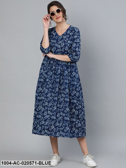 Blue Printed Fit and Flare Cotton Dress