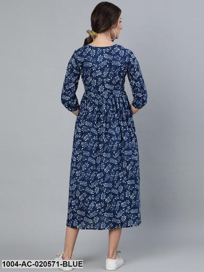 Blue Printed Fit and Flare Cotton Dress