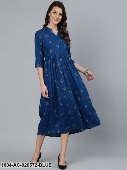 Blue Printed A-Line Dress