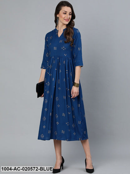 Blue Printed A-Line Dress