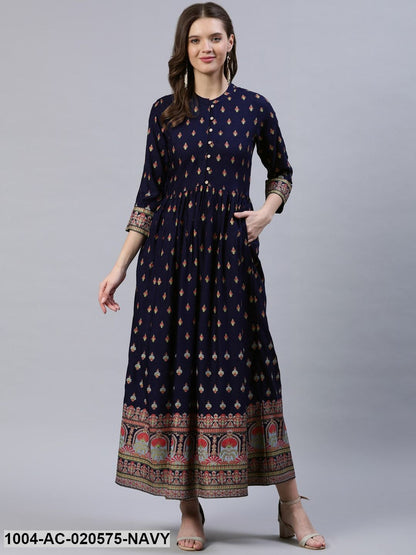 Navy Blue & Peach-Coloured Ethnic Motifs Maxi Dress