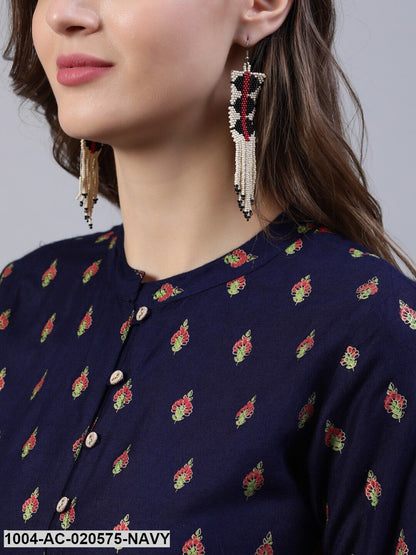 Navy Blue & Peach-Coloured Ethnic Motifs Maxi Dress