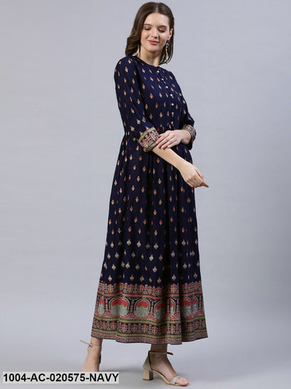 Navy Blue & Peach-Coloured Ethnic Motifs Maxi Dress