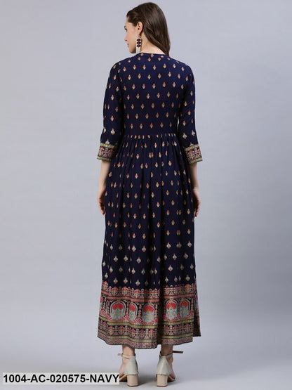 Navy Blue & Peach-Coloured Ethnic Motifs Maxi Dress