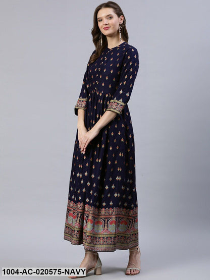 Navy Blue & Peach-Coloured Ethnic Motifs Maxi Dress