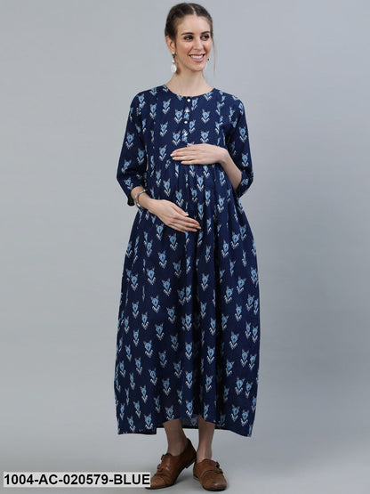 Maternity Blue Ethnic Motifs Maxi Dress