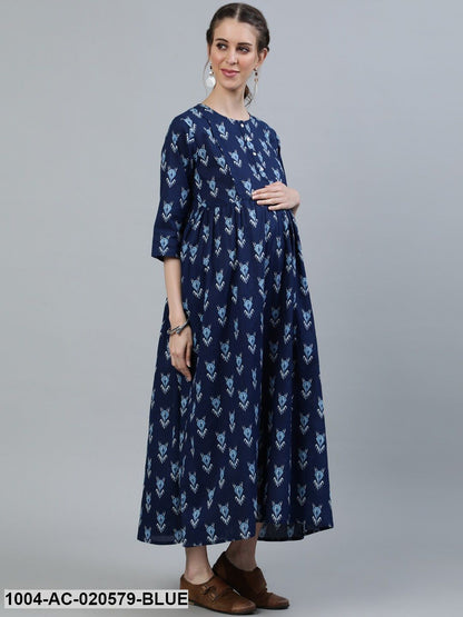 Maternity Blue Ethnic Motifs Maxi Dress
