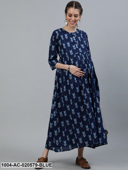 Maternity Blue Ethnic Motifs Maxi Dress