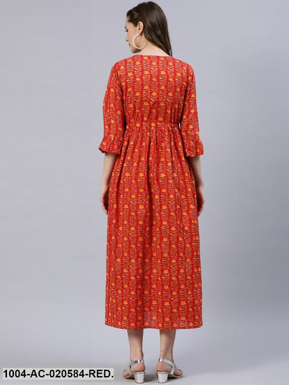 Red Floral Empire Midi Dress