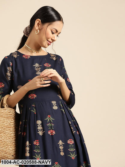 Navy Blue & Golden Ethnic Motifs Printed Pleated Maxi Dress