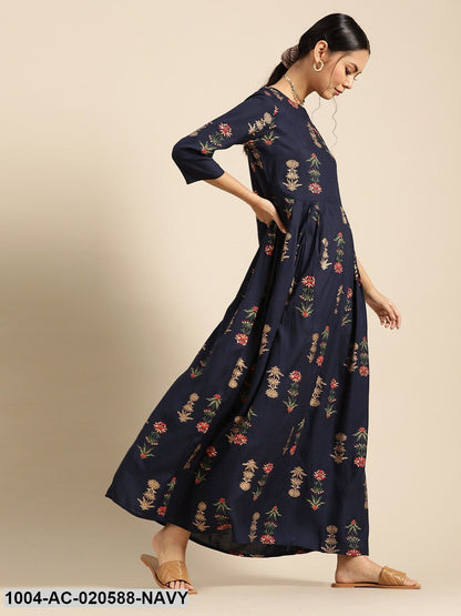 Navy Blue & Golden Ethnic Motifs Printed Pleated Maxi Dress