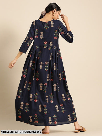 Navy Blue & Golden Ethnic Motifs Printed Pleated Maxi Dress