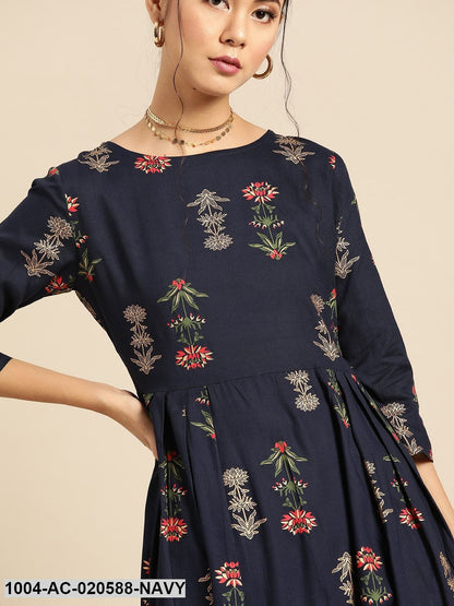 Navy Blue & Golden Ethnic Motifs Printed Pleated Maxi Dress
