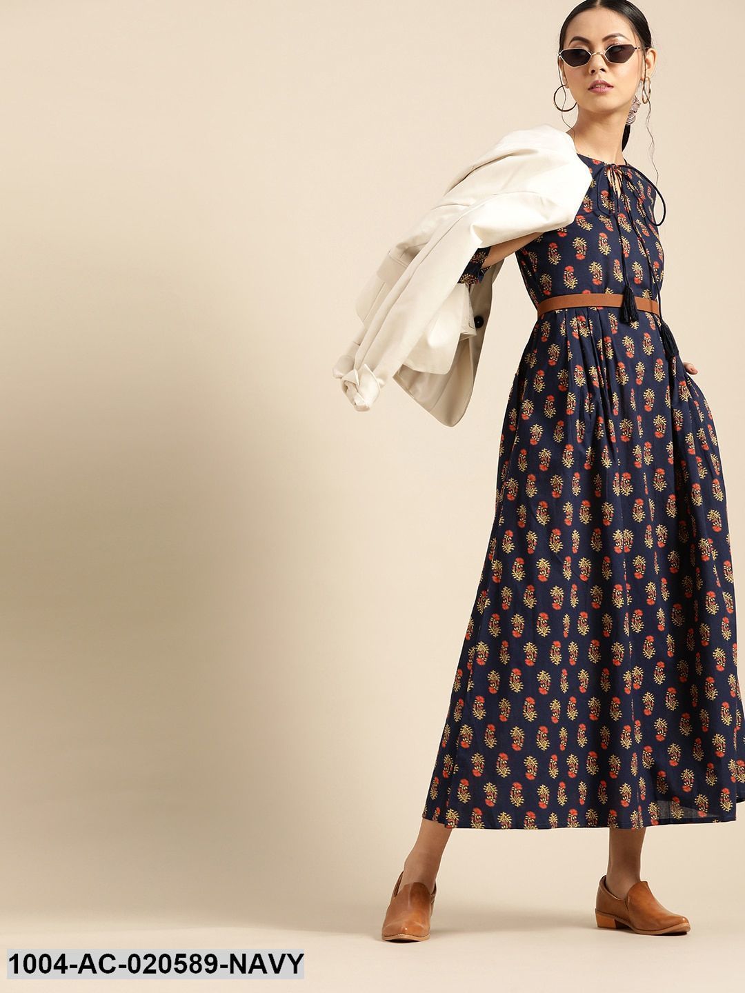 Navy Blue & Yellow Ethnic Motifs Tie-Up Neck Ethnic Maxi Dress