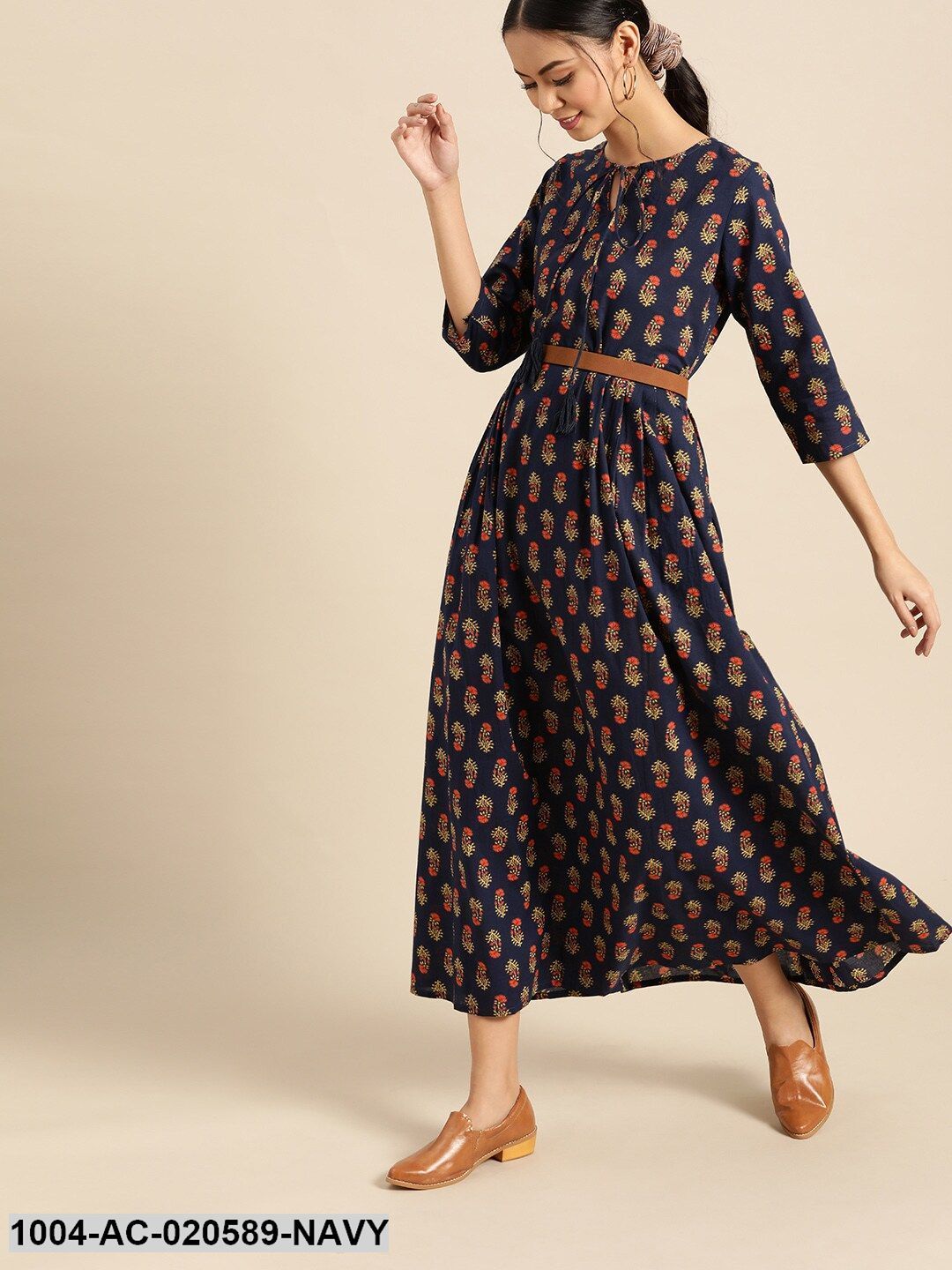 Navy Blue & Yellow Ethnic Motifs Tie-Up Neck Ethnic Maxi Dress