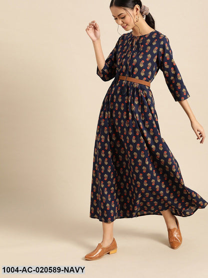 Navy Blue & Yellow Ethnic Motifs Tie-Up Neck Ethnic Maxi Dress