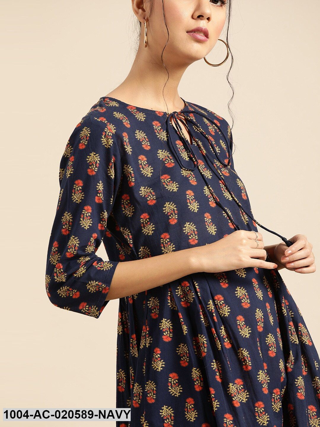 Navy Blue & Yellow Ethnic Motifs Tie-Up Neck Ethnic Maxi Dress