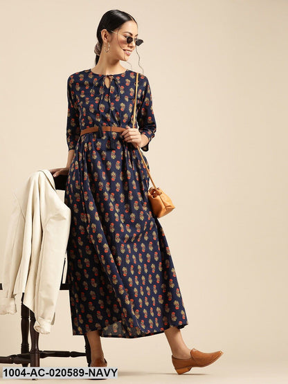 Navy Blue & Yellow Ethnic Motifs Tie-Up Neck Ethnic Maxi Dress
