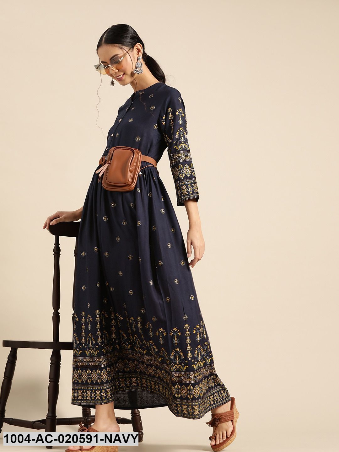 Navy Blue & Yellow Ethnic Motifs Printed Maxi Dress
