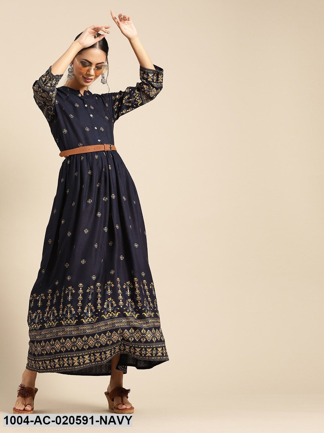 Navy Blue & Yellow Ethnic Motifs Printed Maxi Dress