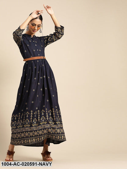 Navy Blue & Yellow Ethnic Motifs Printed Maxi Dress