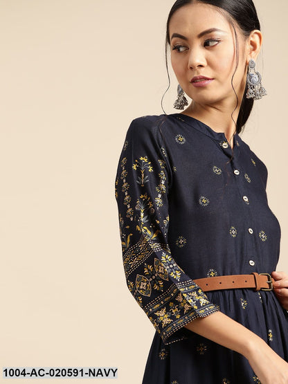 Navy Blue & Yellow Ethnic Motifs Printed Maxi Dress