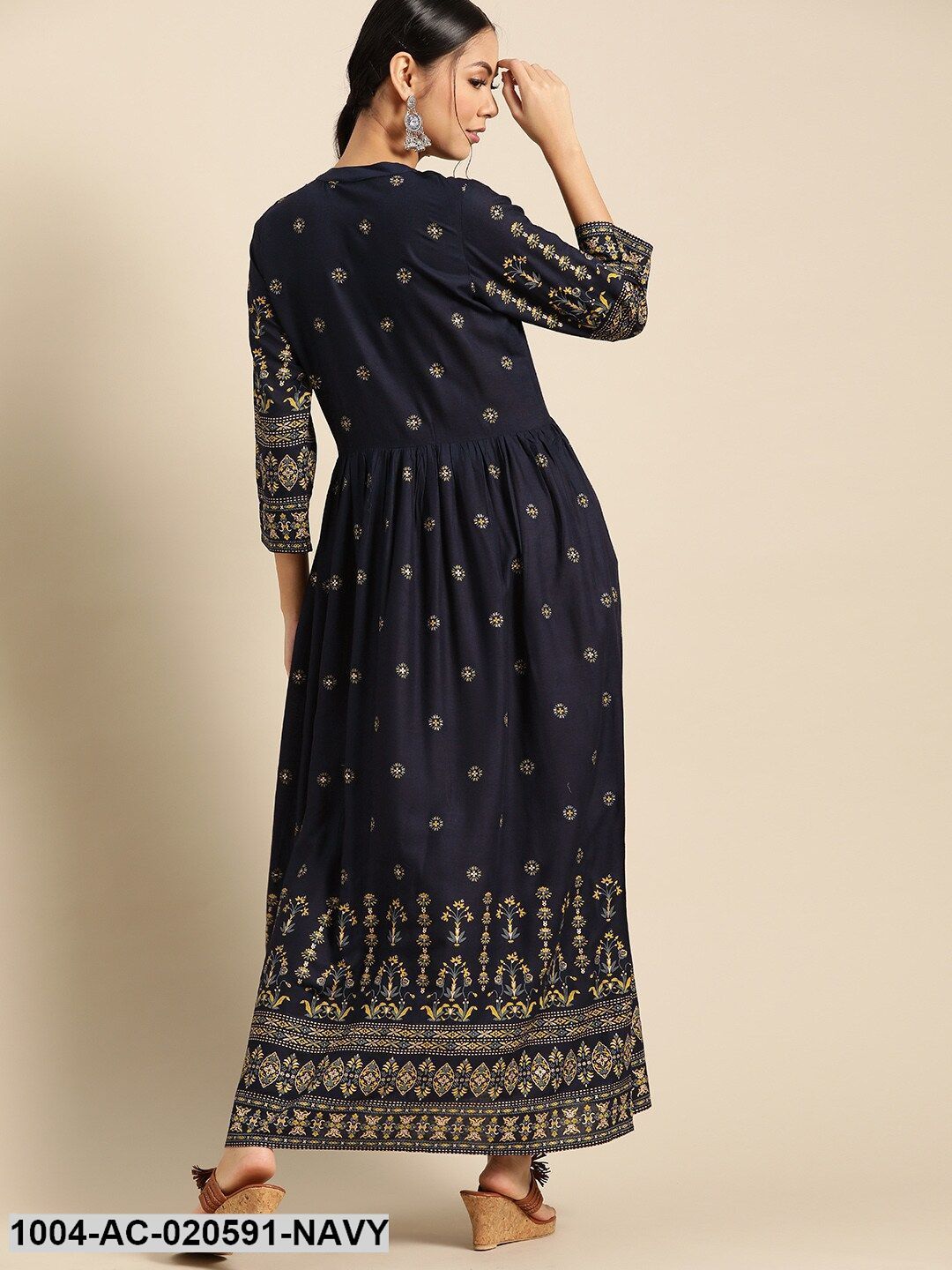 Navy Blue & Yellow Ethnic Motifs Printed Maxi Dress