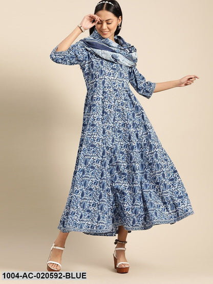 Blue & White Ethnic Motifs Printed Pure Cotton A-Line Dress With Dupatta