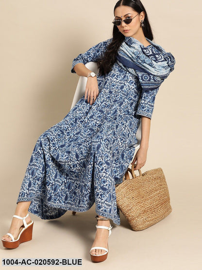 Blue & White Ethnic Motifs Printed Pure Cotton A-Line Dress With Dupatta