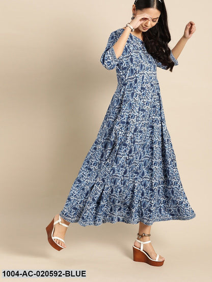 Blue & White Ethnic Motifs Printed Pure Cotton A-Line Dress With Dupatta
