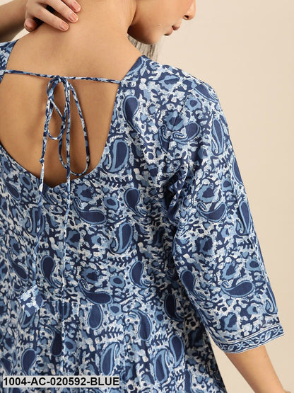 Blue & White Ethnic Motifs Printed Pure Cotton A-Line Dress With Dupatta