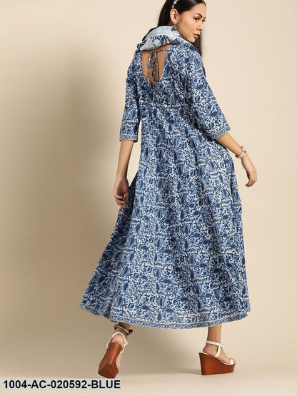 Blue & White Ethnic Motifs Printed Pure Cotton A-Line Dress With Dupatta