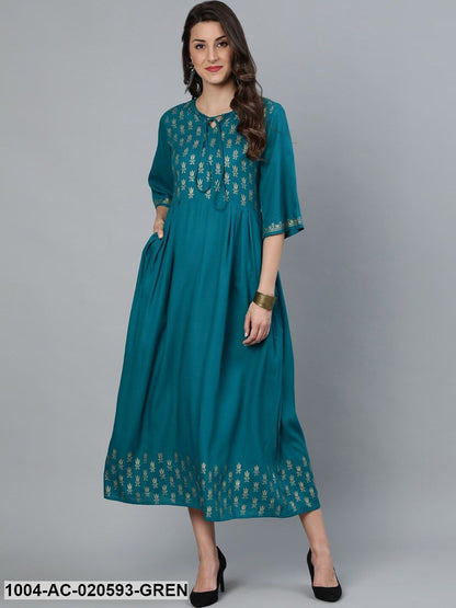 Green & Gold Block Printed Fit and Flare Dress
