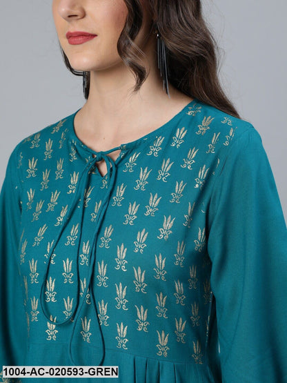 Green & Gold Block Printed Fit and Flare Dress