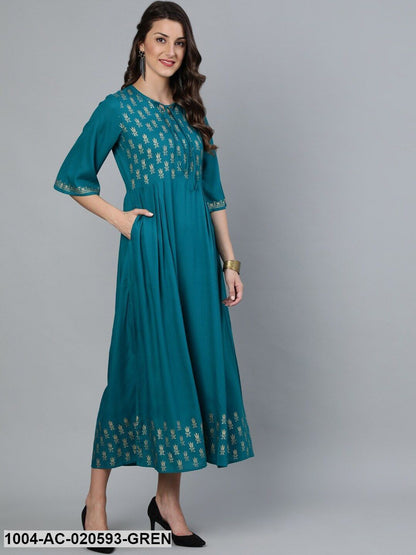 Green & Gold Block Printed Fit and Flare Dress