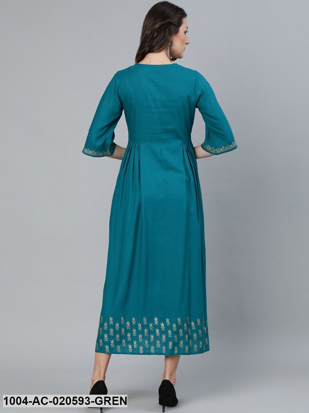 Green & Gold Block Printed Fit and Flare Dress