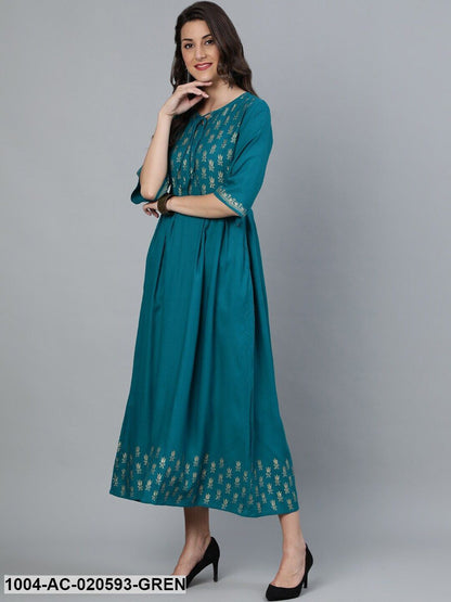 Green & Gold Block Printed Fit and Flare Dress