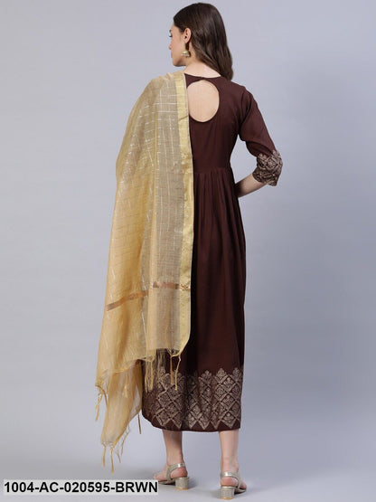 Brown & Beige Block Printed Ethnic Dress With Chanderi Dupatta