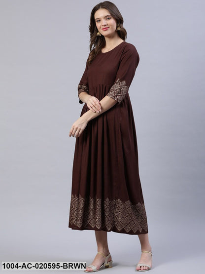 Brown & Beige Block Printed Ethnic Dress With Chanderi Dupatta