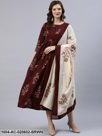 Brown Ethnic Motifs Maxi Dress