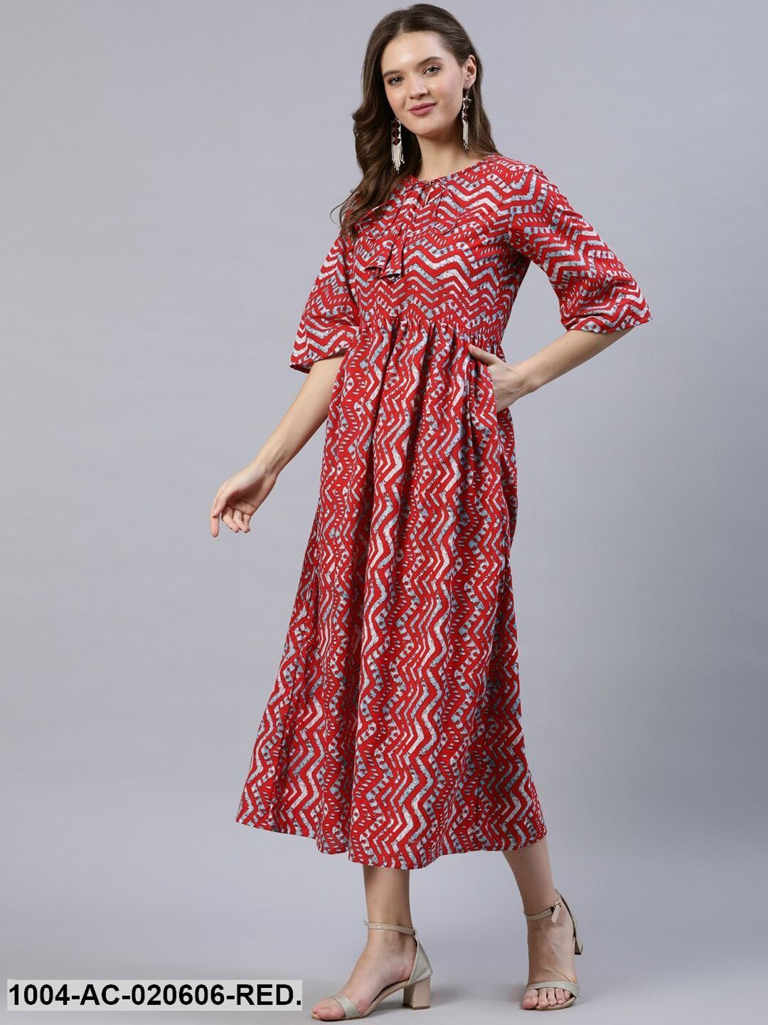 Red Floral A-Line Midi Dress