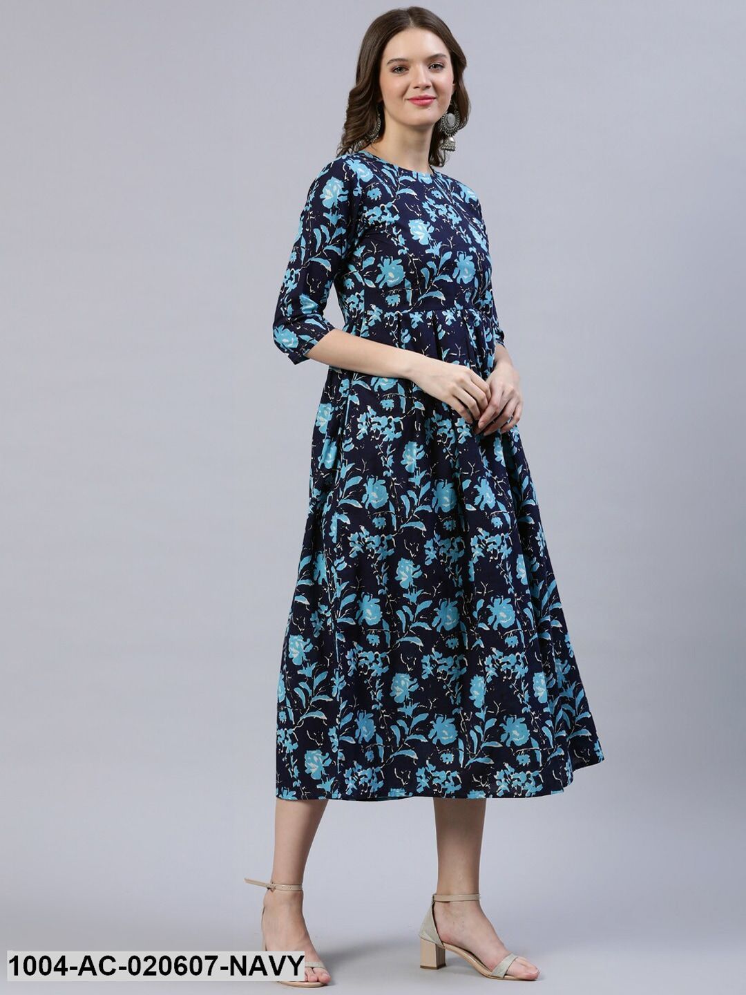 Navy Blue Floral A-Line Midi Dress