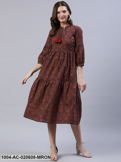 Maroon Ethnic Motifs Tie-Up Neck Empire Midi Dress